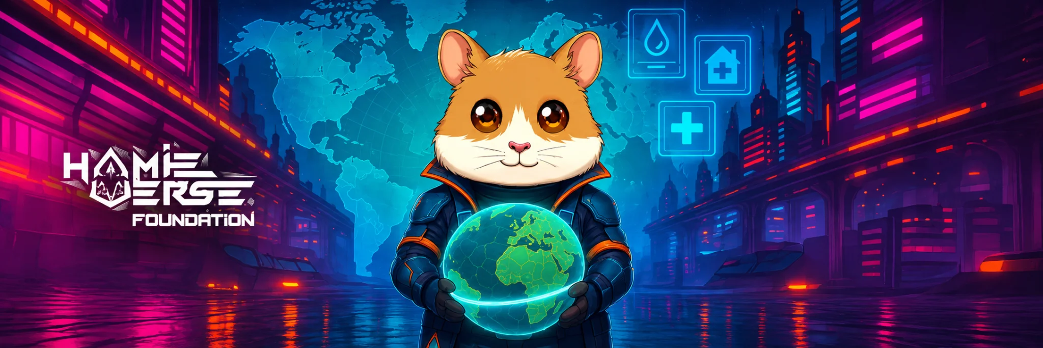 Hamie holding the Earth, with the Hamieverse Foundation logo